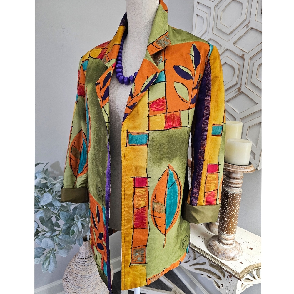 Vintage LoriZoni Artistic Boho Retro Colorful Open Front 100% Silk Blazer Size M